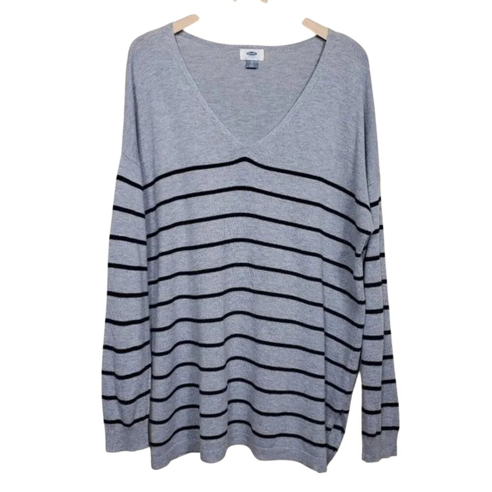 Old Navy Striped V Neck Sweater Womens Size XL Gray Black Long Sleeve Knit